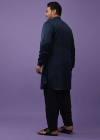 Indigo Blue Festive Kurta In Mini Silk With Lucknowi Embroidery