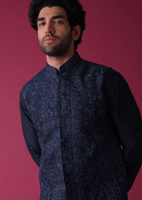 Indigo Blue Jacket Kurta Set In Art Silk With Heavy Threadwork