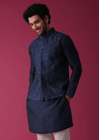 Indigo Blue Jacket Kurta Set In Art Silk With Heavy Threadwork