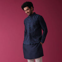 Indigo Blue Jacket Kurta Set In Art Silk With Heavy Threadwork