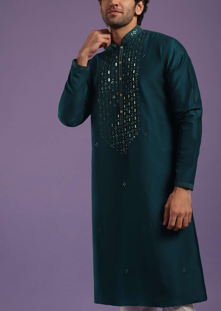 Indigo Blue Kurta Set In Art Silk With Mirror Embroidery