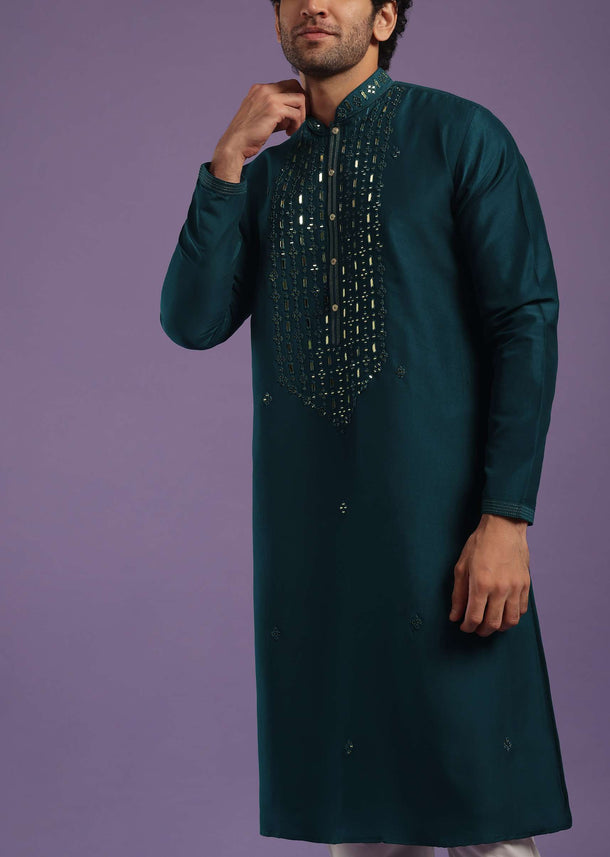 Indigo Blue Kurta Set In Art Silk With Mirror Embroidery