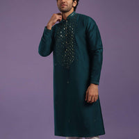 Indigo Blue Kurta Set In Art Silk With Mirror Embroidery