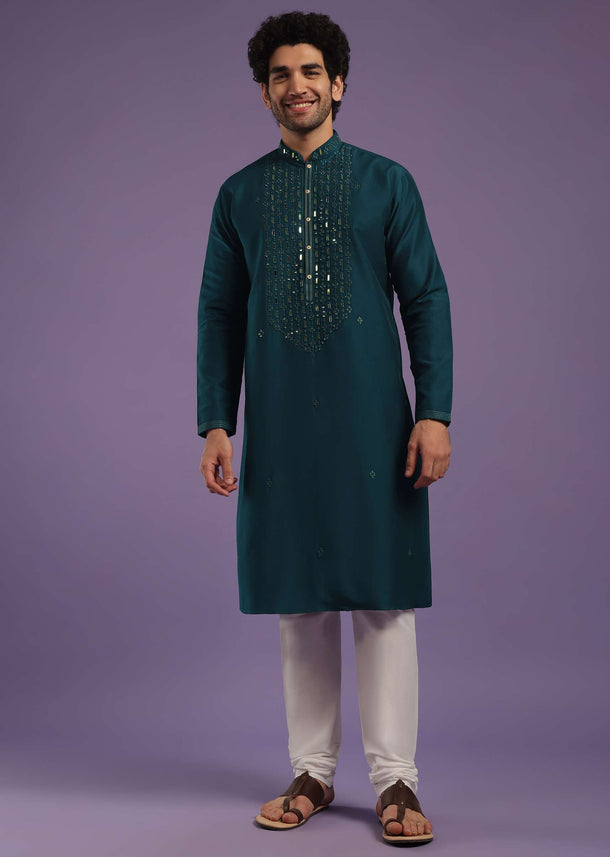 Indigo Blue Kurta Set In Art Silk With Mirror Embroidery