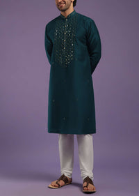 Indigo Blue Kurta Set In Art Silk With Mirror Embroidery