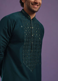 Indigo Blue Kurta Set In Art Silk With Mirror Embroidery