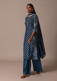 Indigo Blue Printed Palazzo Set With Zari Detail Kurta