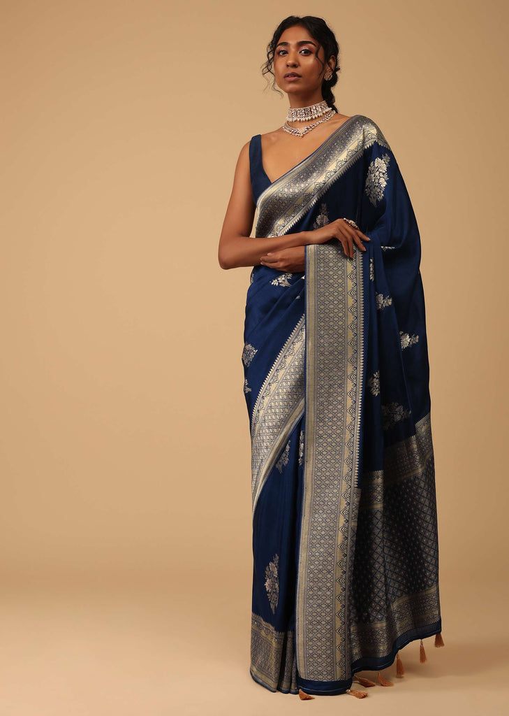 Indigo Blue Saree In Dola Silk With Embroidered Floral Buttas