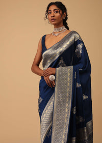 Indigo Blue Saree In Dola Silk With Embroidered Floral Buttas