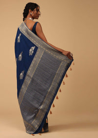 Indigo Blue Saree In Dola Silk With Embroidered Floral Buttas