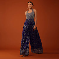 Indigo Blue Silk Jumpsuit With Zari And Abla Work