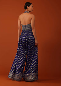 Indigo Blue Silk Jumpsuit With Zari And Abla Work