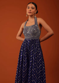 Indigo Blue Silk Jumpsuit With Zari And Abla Work