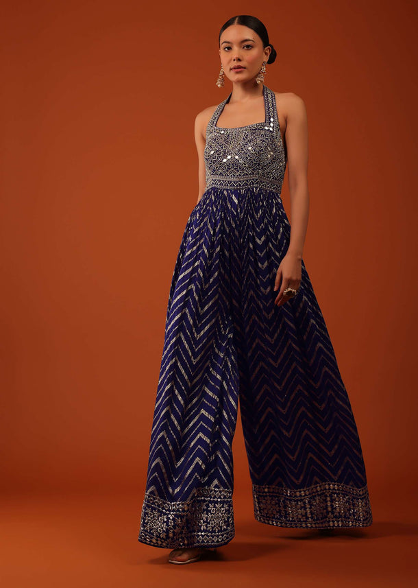 Indigo Blue Silk Jumpsuit With Zari And Abla Work