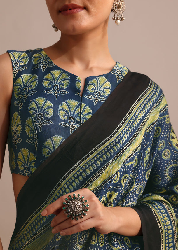 Indigo Modal Satin Saree In Ajrakh Hand Block Print