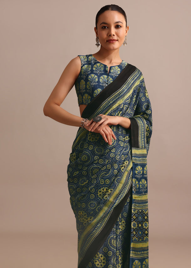 Indigo Modal Satin Saree In Ajrakh Hand Block Print