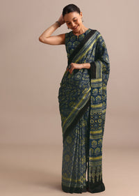 Indigo Modal Satin Saree In Ajrakh Hand Block Print