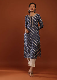 Indigo Blue Kurta In Cotton With Lehariya Print And Gotta Detailed Floral Neckline