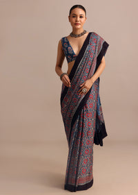 Indigo Modal Satin Ajrakh Handblock Printed Saree