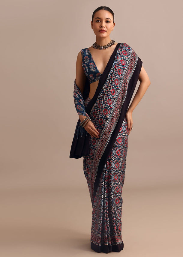 Indigo Modal Satin Ajrakh Handblock Printed Saree