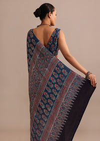 Indigo Modal Satin Ajrakh Handblock Printed Saree