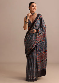 Indigo Modal Satin Saree With Ajrakh Handblock Print