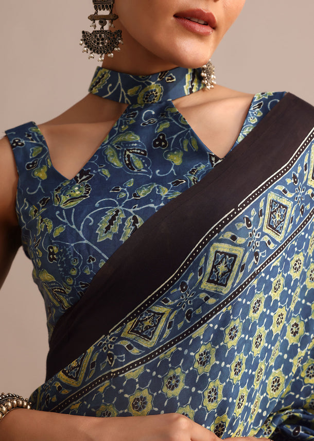 Indigo Satin Modal Ajrakh Handblock Printed Saree