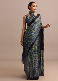 Indigo Satin Modal Ajrakh Handblock Printed Saree
