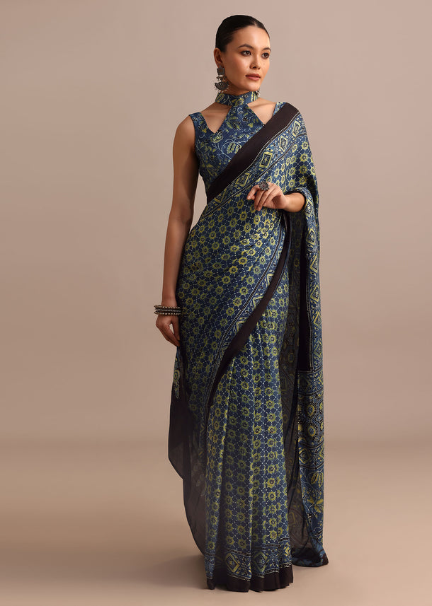 Indigo Satin Modal Ajrakh Handblock Printed Saree