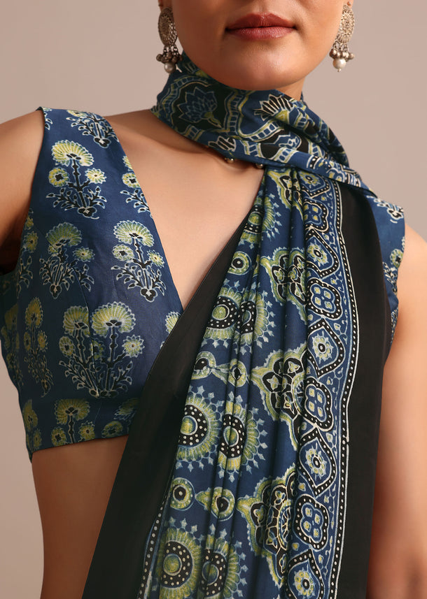 Indigo Satin Modal Handblock Printed Ajrakh Saree