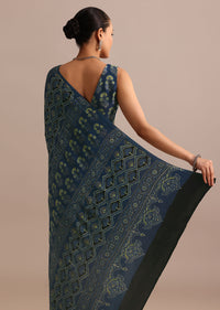 Indigo Satin Modal Handblock Printed Ajrakh Saree