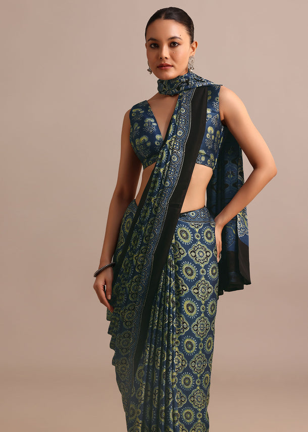 Indigo Satin Modal Handblock Printed Ajrakh Saree