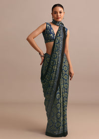 Indigo Satin Modal Handblock Printed Ajrakh Saree
