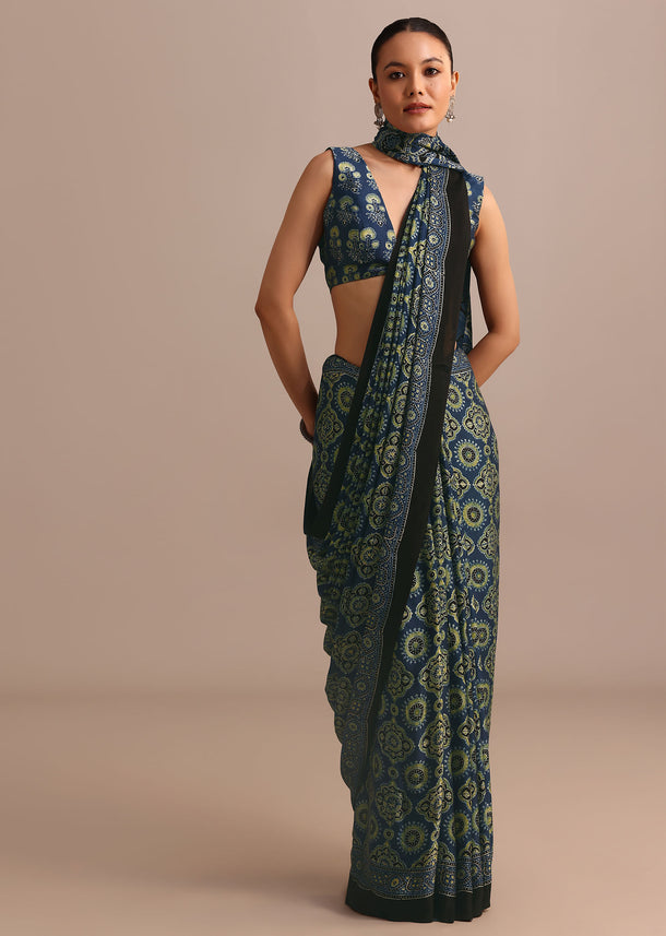 Indigo Satin Modal Handblock Printed Ajrakh Saree