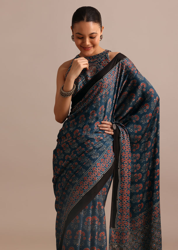 Indigo Satin Modal Saree With Handblock Prints