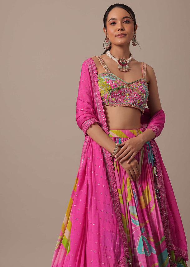 Pink Silk Printed Lehenga Set