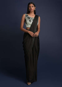 Ink Black Ready Pleated Saree With Fog Grey Embroidered Crop Top Online - Kalki Fashion