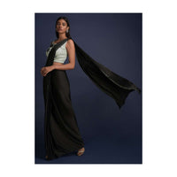 Ink Black Ready Pleated Saree With Fog Grey Embroidered Crop Top Online - Kalki Fashion