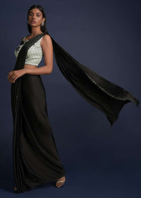 Ink Black Ready Pleated Saree With Fog Grey Embroidered Crop Top Online - Kalki Fashion