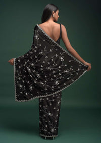 Ink Black Saree In Chinon With Stones, Pearls And Cut Dana Embellished Floral Jaal Online - Kalki Fashion