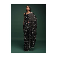 Ink Black Saree In Chinon With Stones, Pearls And Cut Dana Embellished Floral Jaal Online - Kalki Fashion