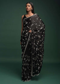 Ink Black Saree In Chinon With Stones, Pearls And Cut Dana Embellished Floral Jaal Online - Kalki Fashion