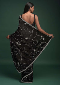 Ink Black Saree In Chinon With Stones, Pearls And Cut Dana Embellished Vintage Vine Pattern Online - Kalki Fashion