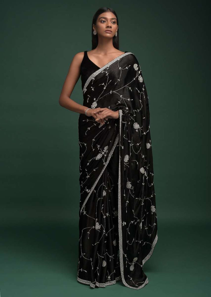 Ink Black Saree In Chinon With Stones, Pearls And Cut Dana Embellished Vintage Vine Pattern Online - Kalki Fashion