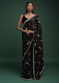Ink Black Saree In Chinon With Stones, Pearls And Cut Dana Embellished Vintage Vine Pattern Online - Kalki Fashion