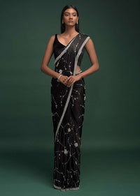 Ink Black Saree In Chinon With Stones, Pearls And Cut Dana Embellished Vintage Vine Pattern Online - Kalki Fashion
