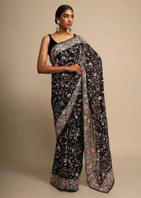 Ink Black Saree In Georgette With Colorful Resham Embroidered Floral Jaal Online - Kalki Fashion