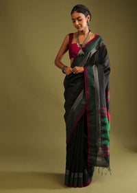 Ink Black Saree In Tussar Silk With Red And Green Colored Thread Embroidered Abstract Design On The Pallu Online - Kalki Fashion