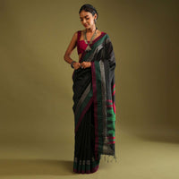Ink Black Saree In Tussar Silk With Red And Green Colored Thread Embroidered Abstract Design On The Pallu Online - Kalki Fashion
