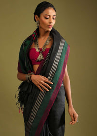 Ink Black Saree In Tussar Silk With Red And Green Colored Thread Embroidered Abstract Design On The Pallu Online - Kalki Fashion